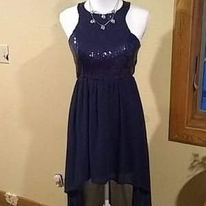 High-low sequin-top navy dress